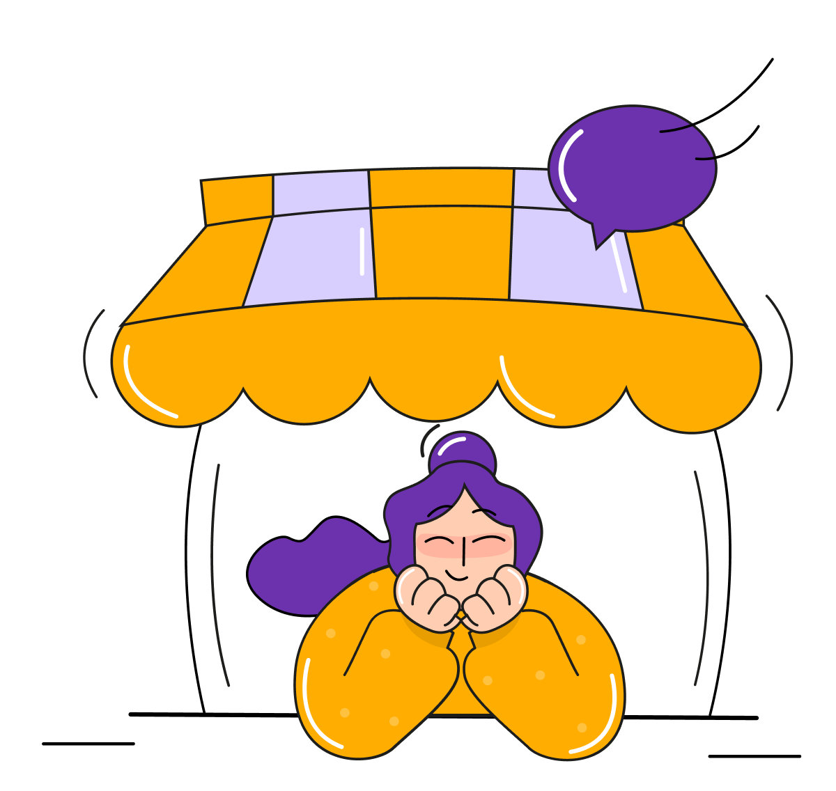Illustration of a host peeking out from under a shop awning